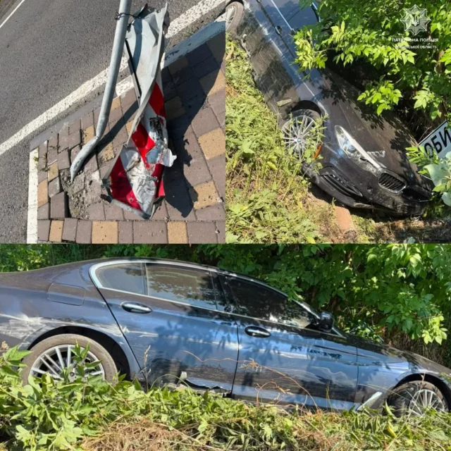На трасі М-19 водій BMW зніс дорожні знаки та з’їхав у кювет