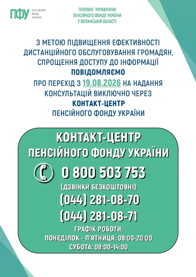 image Телефонні консультації Пенсійного фонду на Волині переведуть до єдиного Контакт-центру